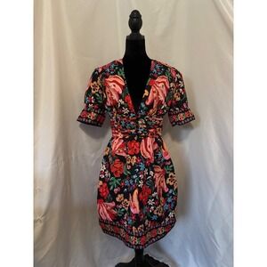 Floral V-Neck Mini Dress Puff Sleeve Ruched‎ Waist